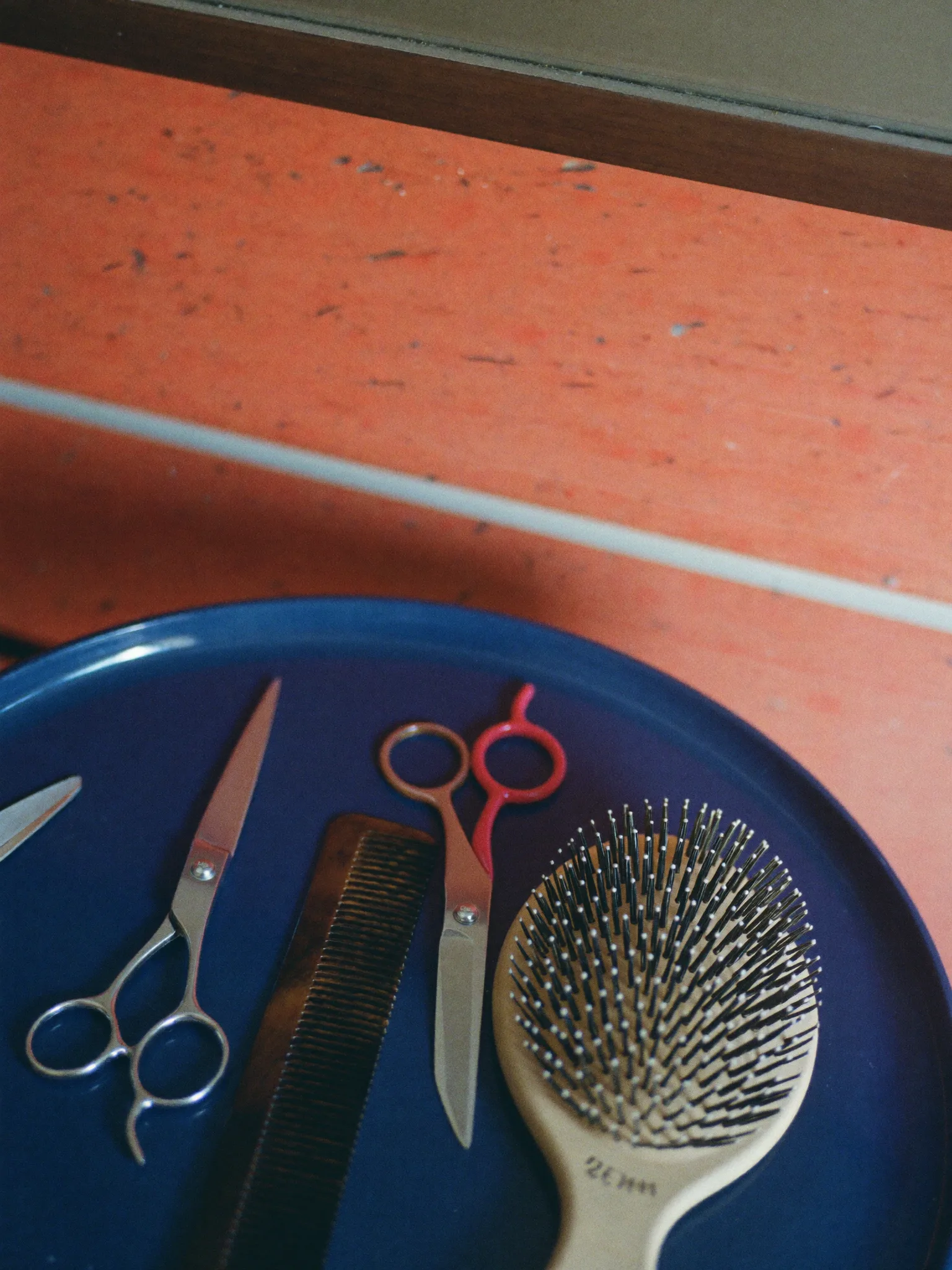 Werkzeuge des Handwerks: Scheren, Kamm und Bürste auf blauem Tablett (Symbolfoto)